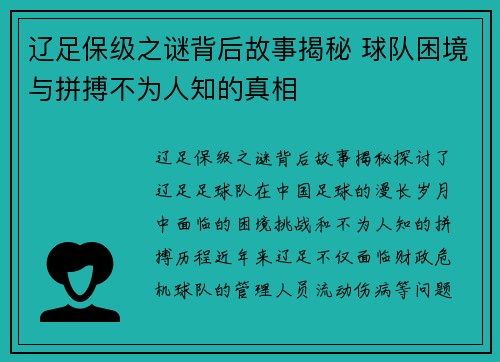 辽足保级之谜背后故事揭秘 球队困境与拼搏不为人知的真相