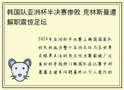 韩国队亚洲杯半决赛惨败 克林斯曼遭解职震惊足坛