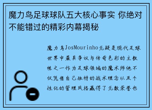 魔力鸟足球球队五大核心事实 你绝对不能错过的精彩内幕揭秘
